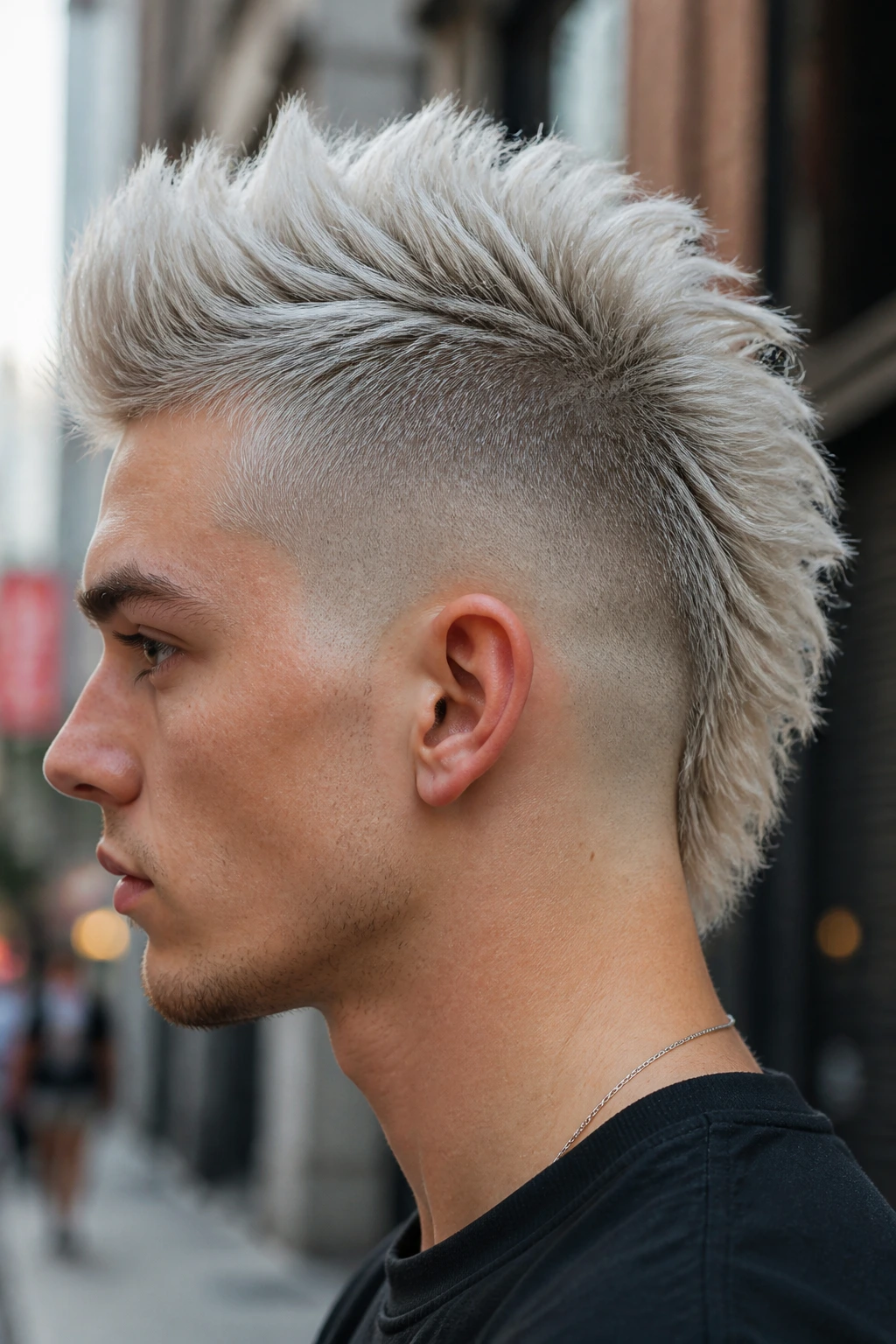 Close-up of a person with an icy blonde burst fade mohawk.