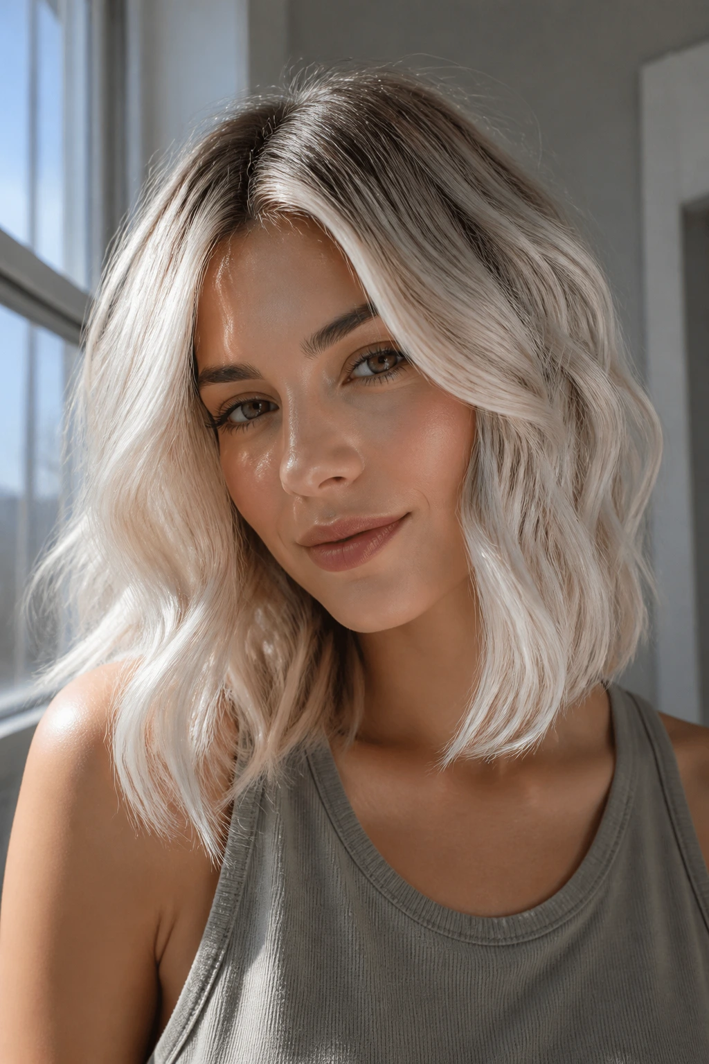 Close-up of a real woman with icy blonde wavy lob and soft root shadow in sunlit room