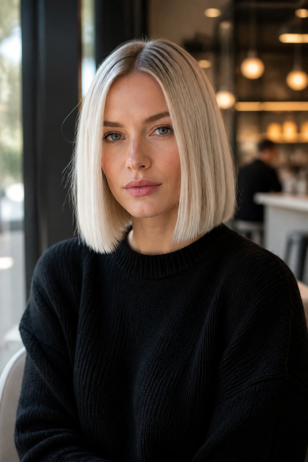 Real woman with an icy blunt bob and cool ash blonde tones in natural light.