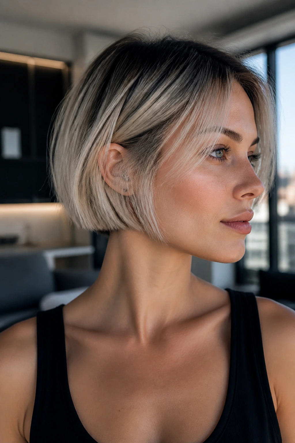 Close-up portrait of a real person with micro bob and icy champagne balayage.
