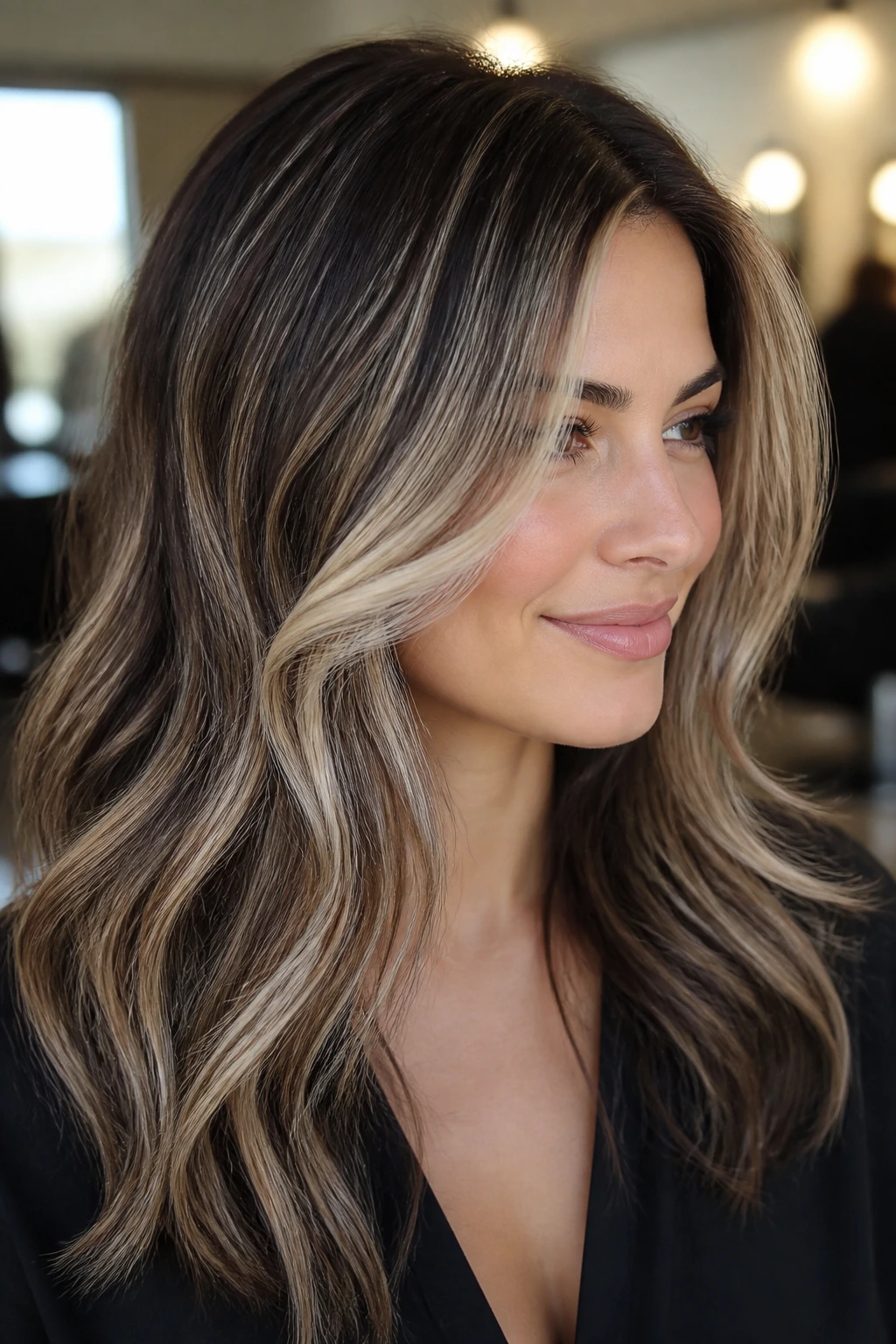Close-up of thick hair with icy champagne highlights at the front and top