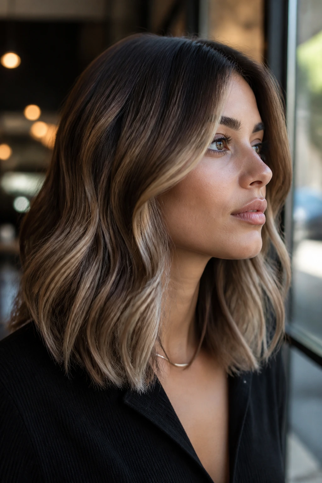 Close-up of a real woman with icy chestnut balayage, medium-length hair, soft natural light.