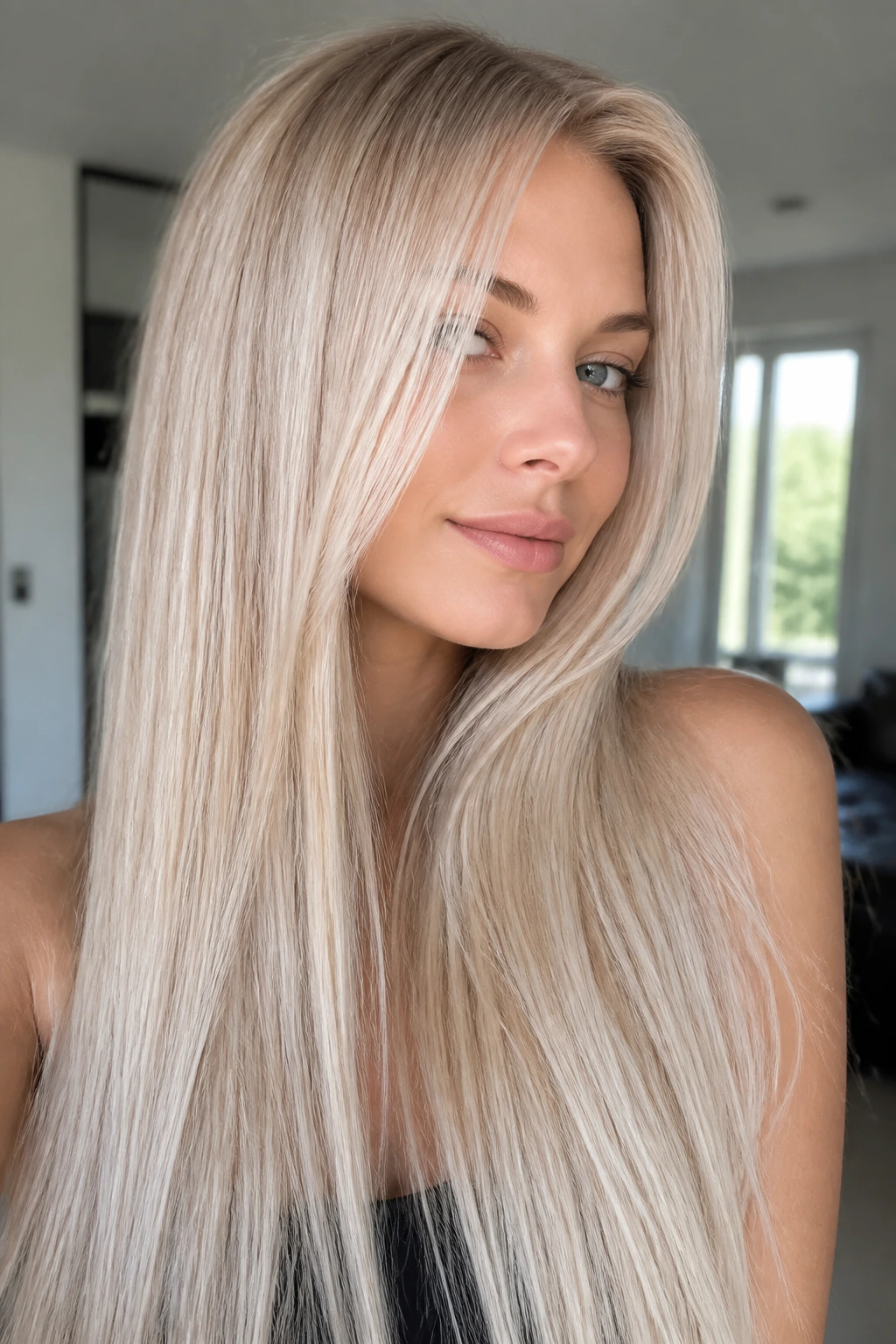 Woman with icy cream soda blonde hair and silvery-beige ribbons in window light.