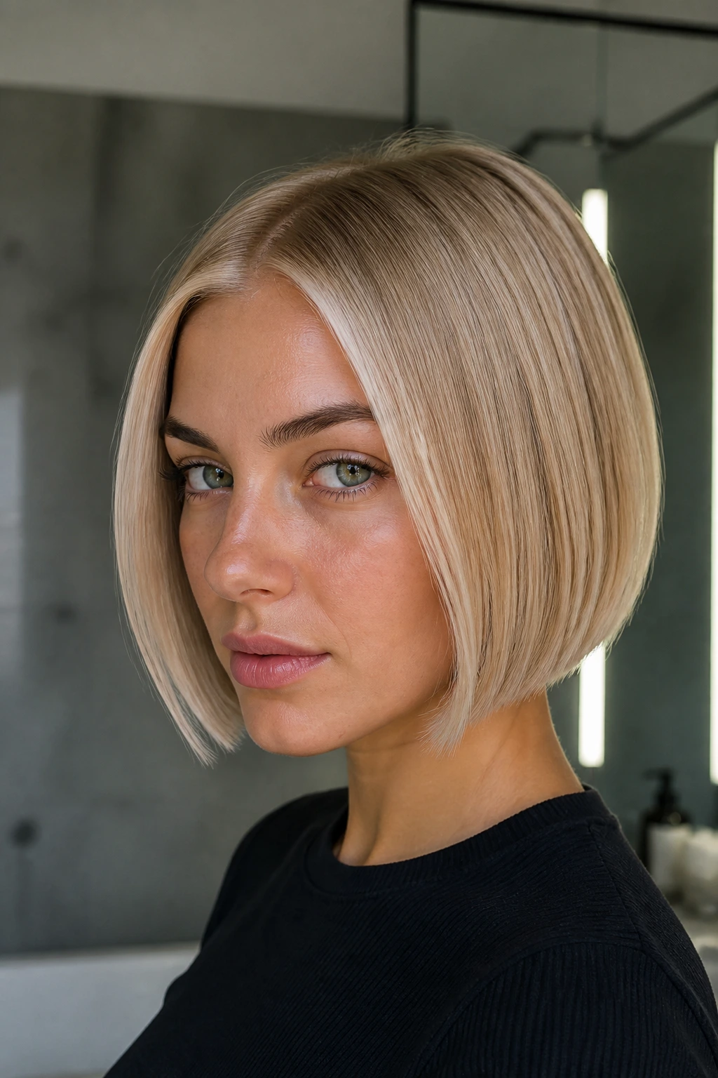 Close-up of blunt short blonde bob with icy hairline slice