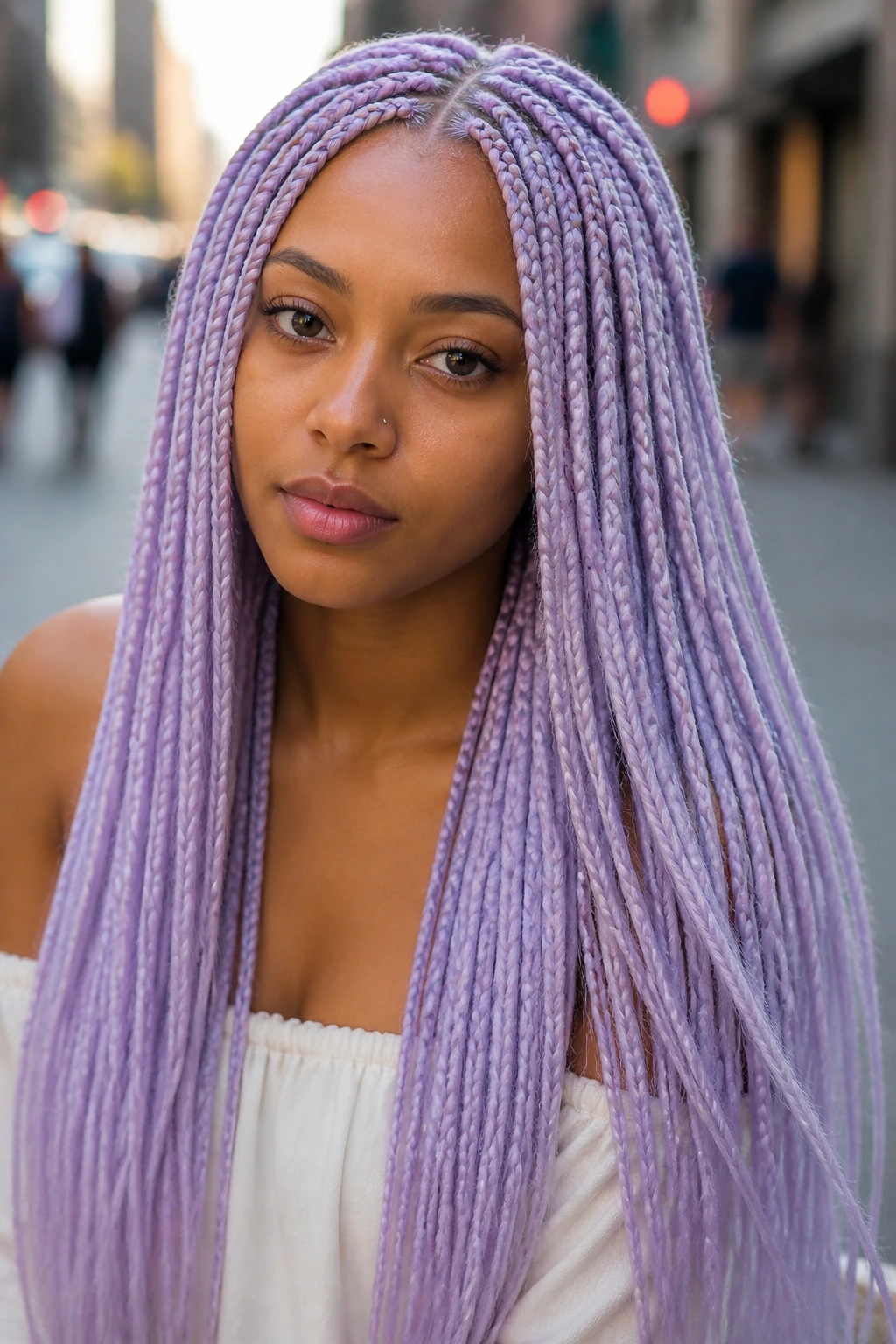 Real person with icy lilac long box braids in daylight