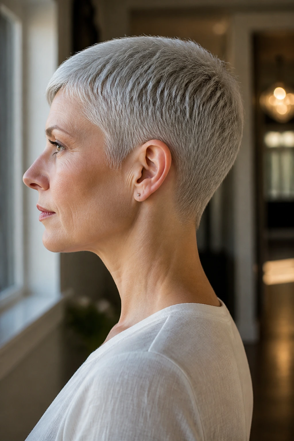 Side-profile of real person with icy micro pixie and clean nape