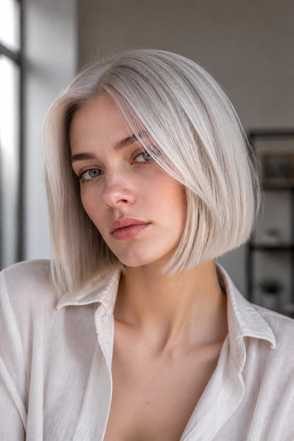 Portrait of a person with icy pearl ash blonde hair in a blunt bob by a window