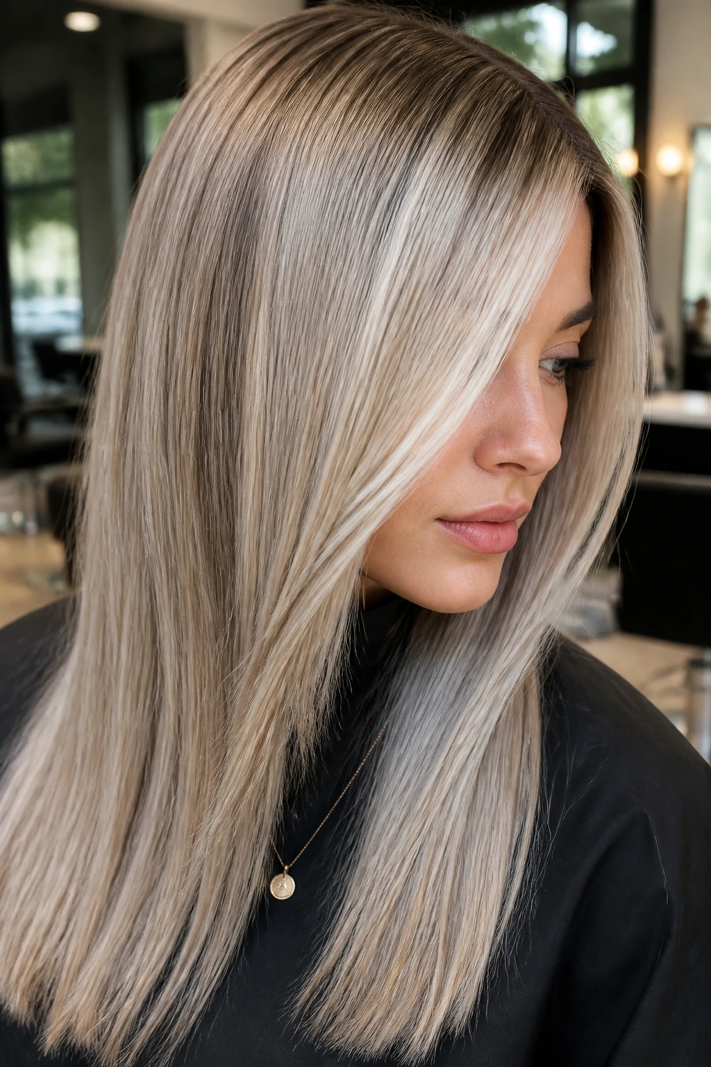 Close-up of icy pearl beige balayage on straight hair