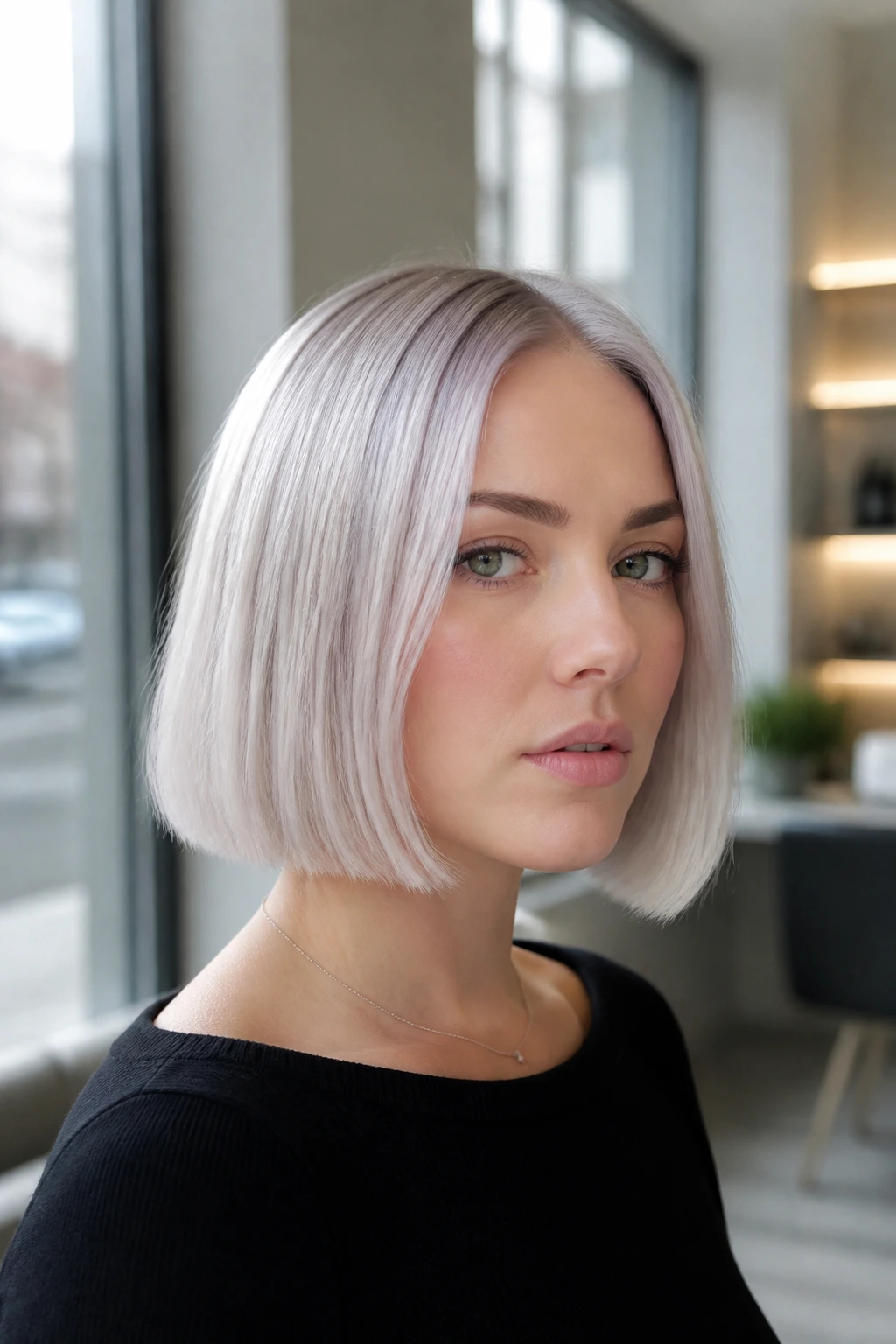 Close-up of a real woman with an icy pearl blonde blunt bob and pearl glaze.