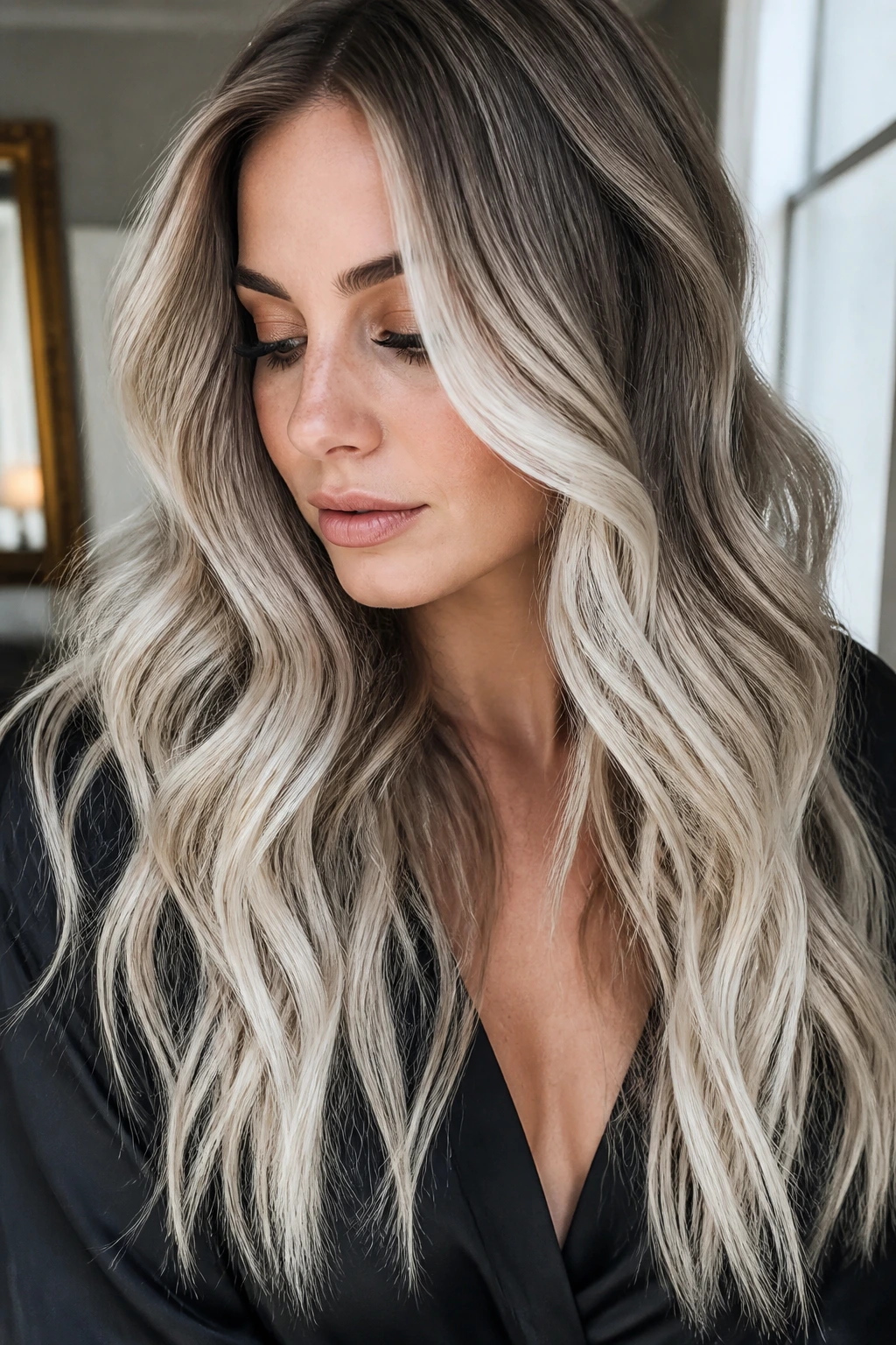 Icy pearl blonde ends on long wavy hair with darker roots