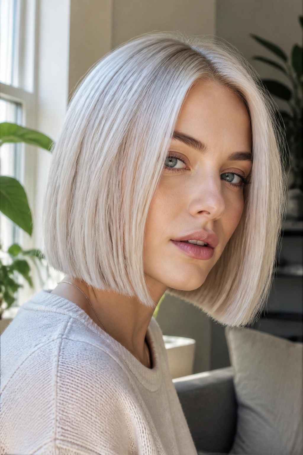 Close-up of a real woman with icy pearl blonde hair lit by natural window light