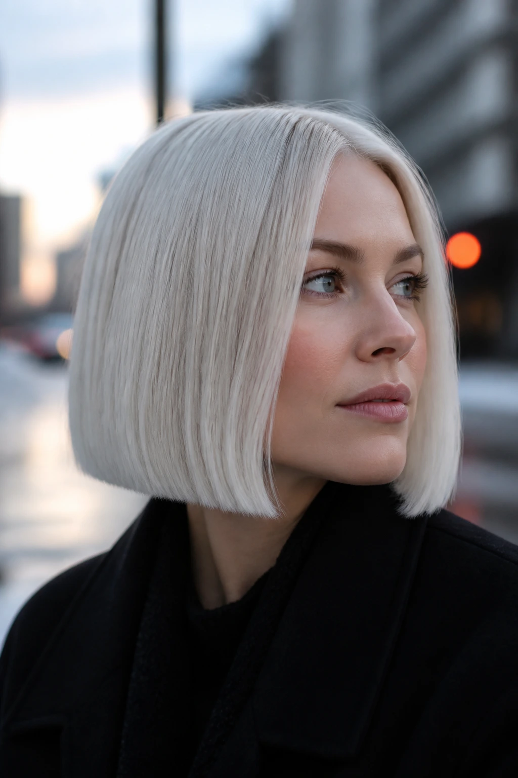 Close-up of a real woman with an icy pearl blunt bob