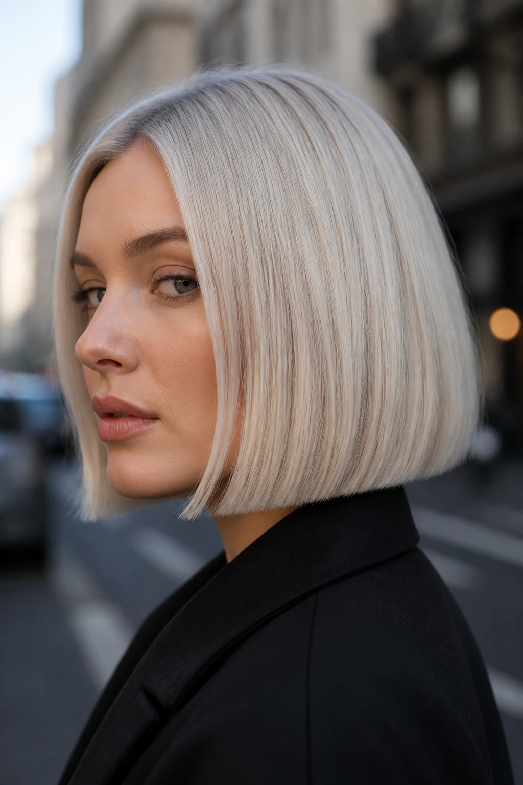 Close-up of a real woman with icy pearl bob and blunt edge in urban morning light