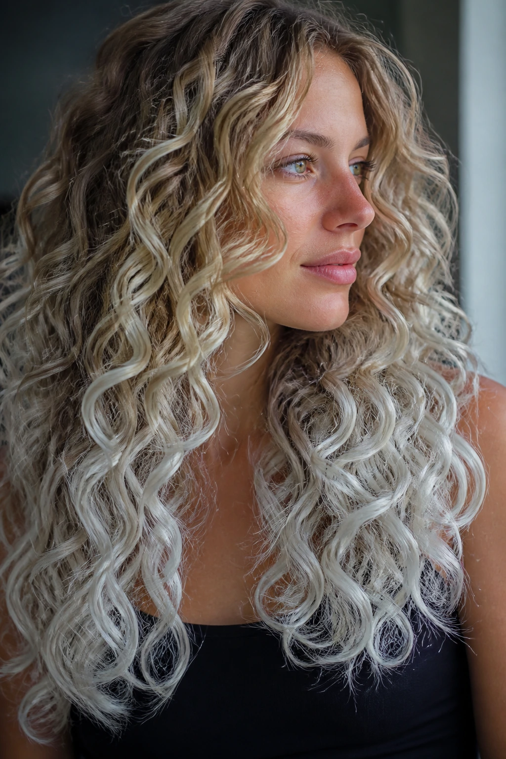 Close-up portrait of a real woman with icy pearl ends on long curls