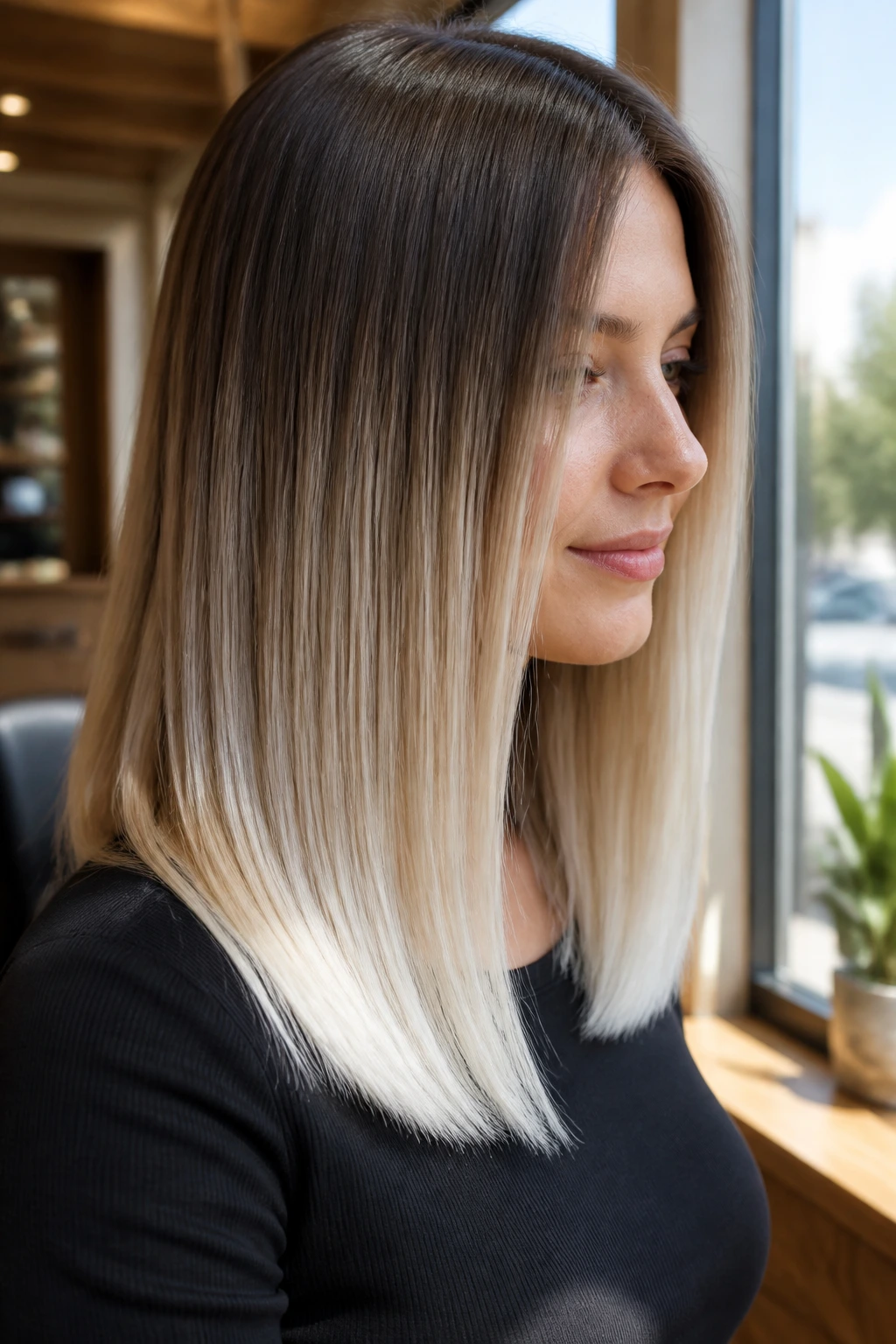 Close-up of a real woman with icy pearl ends on straight hair, deep root to pale platinum transition