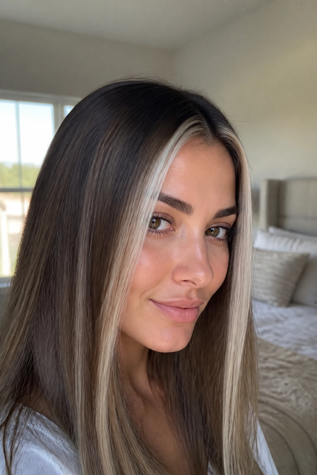 Close-up of a real woman with icy pearl money piece framing her face on straight hair in window light