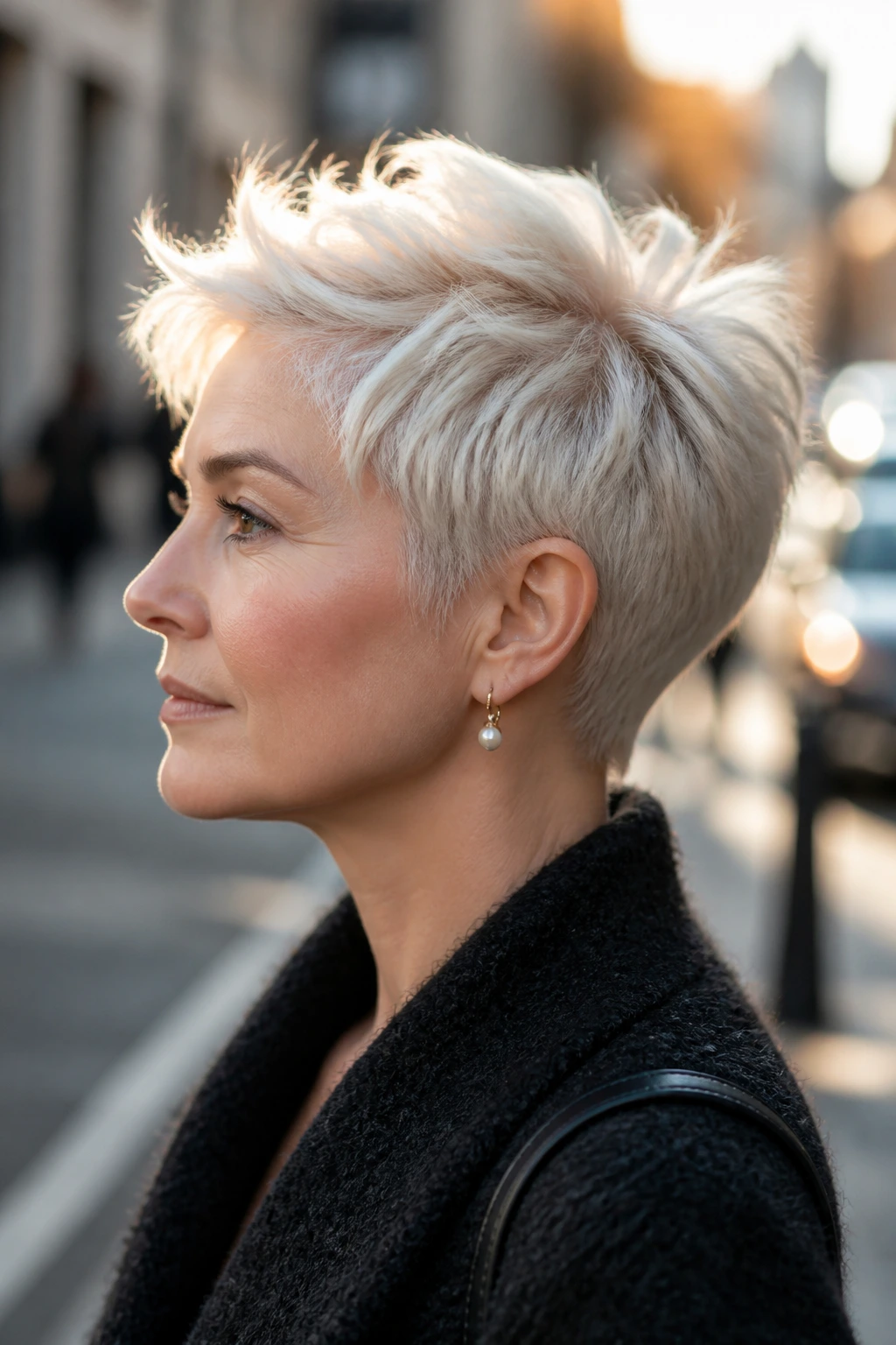 Close-up portrait of a person with an icy pearl pixie haircut in natural light.