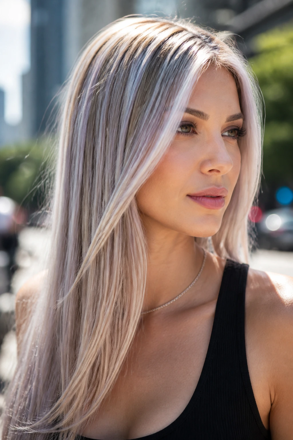 Close-up of a real person with icy pearl streaks in hair
