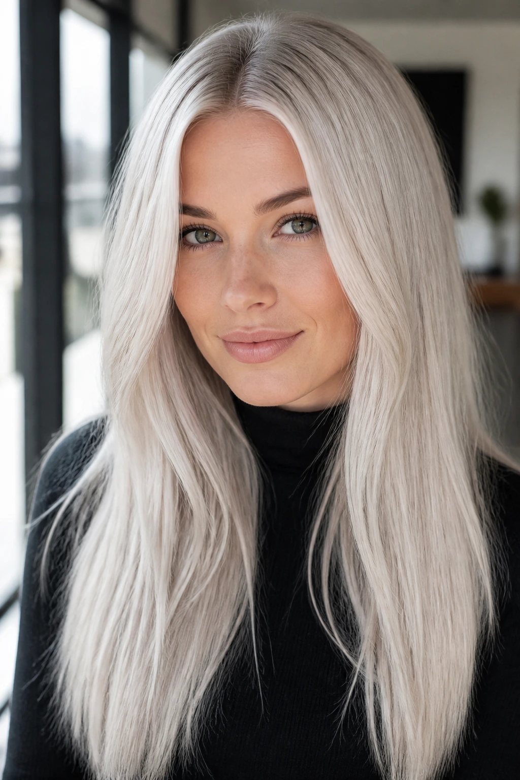 Close-up of icy platinum blonde with clean roots on a real person