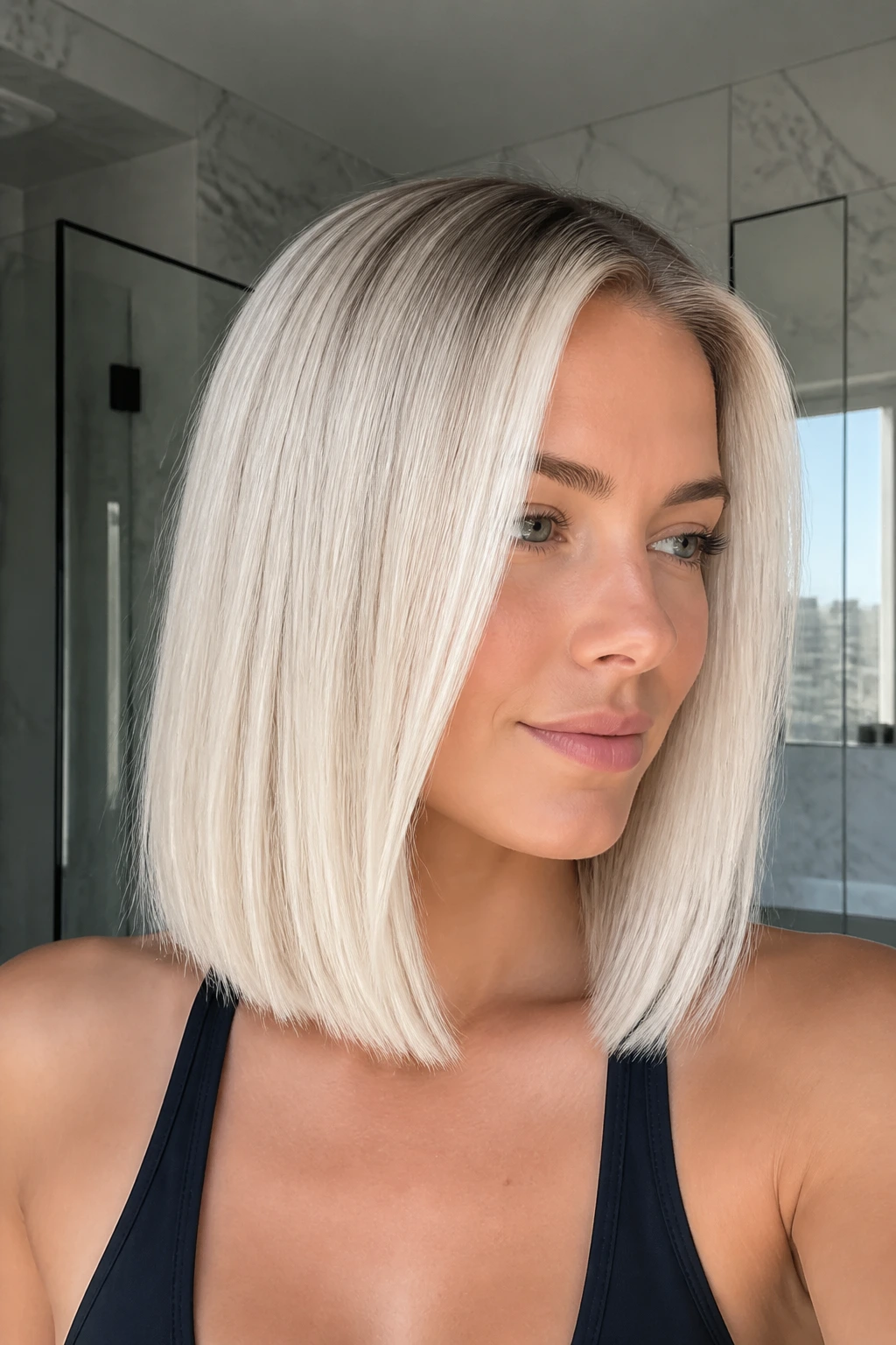 Close-up of icy platinum blunt collarbone cut on a real woman in a bright bathroom
