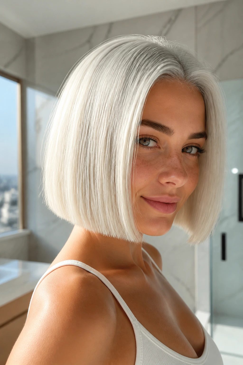 Portrait of a real woman with icy platinum all-over hair in a blunt bob.