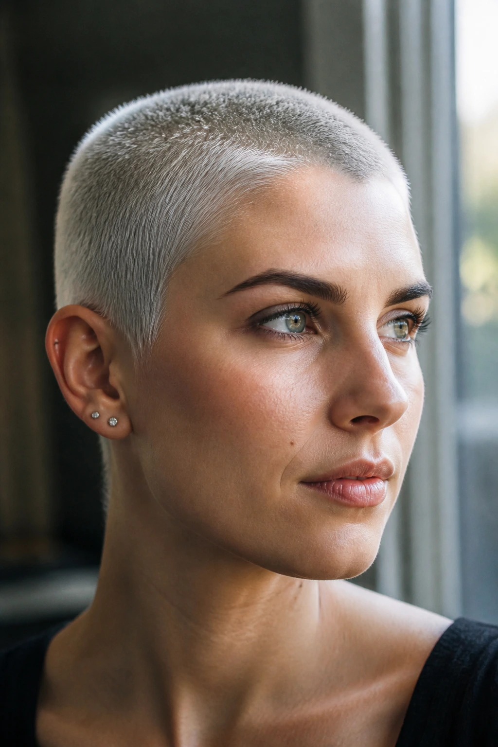 Real person with icy platinum buzz cut in cool window light