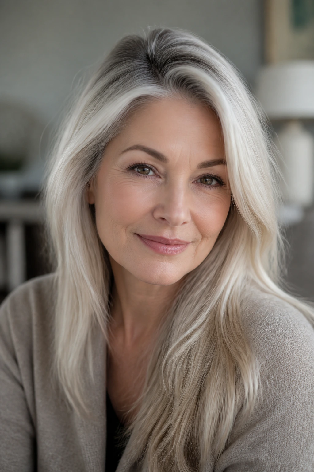 Close-up of a real woman with icy platinum hair and darker root near the brows