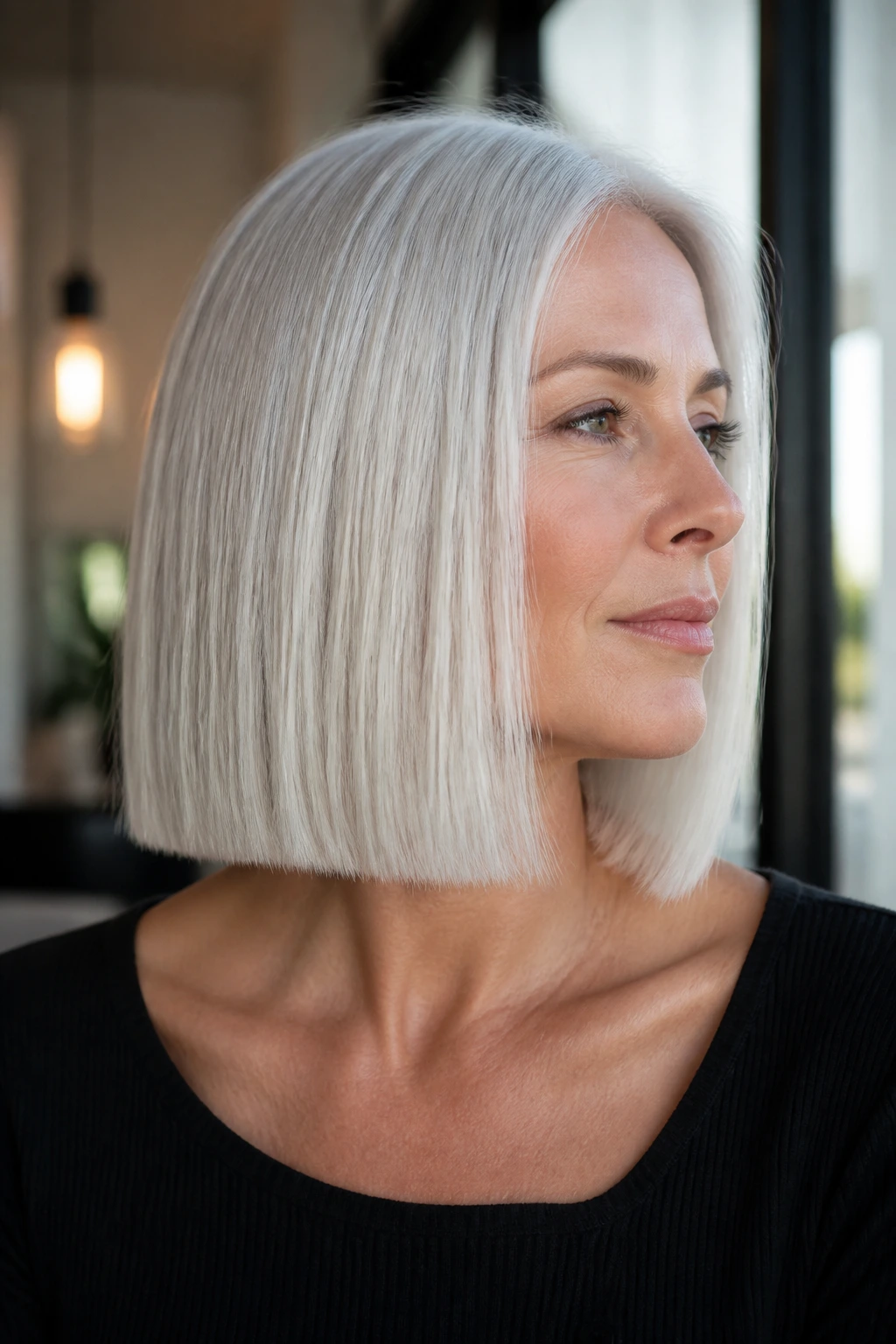 Close-up of a real woman with an icy platinum gray lob and crisp ends.