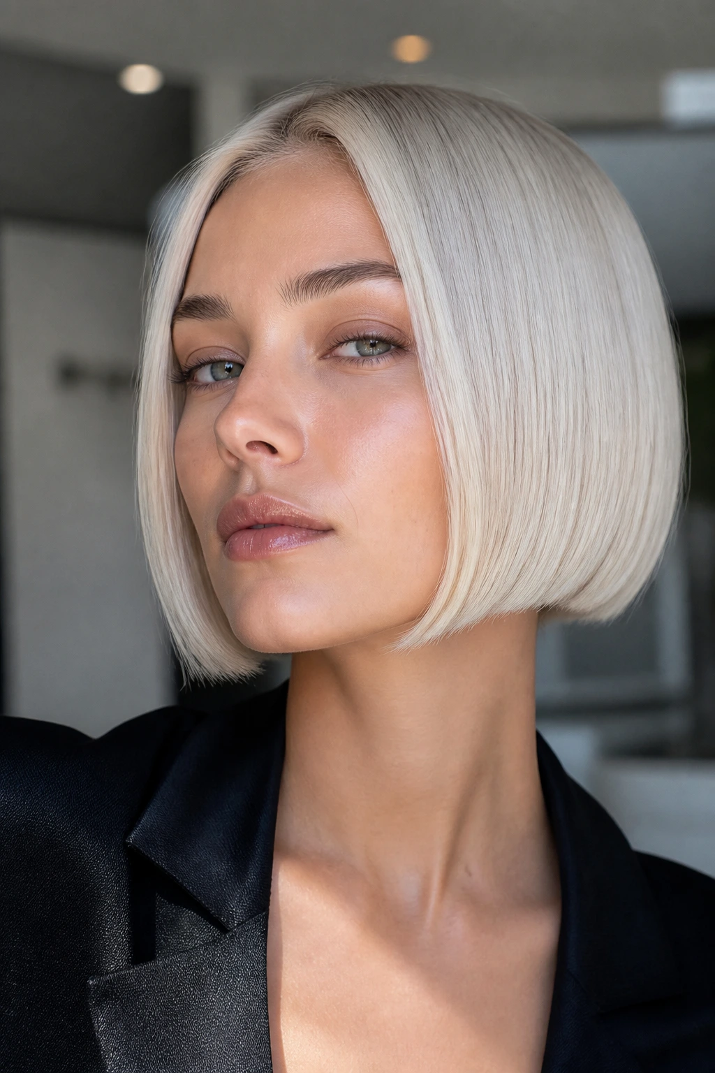 Real woman with icy platinum micro bob close-up portrait