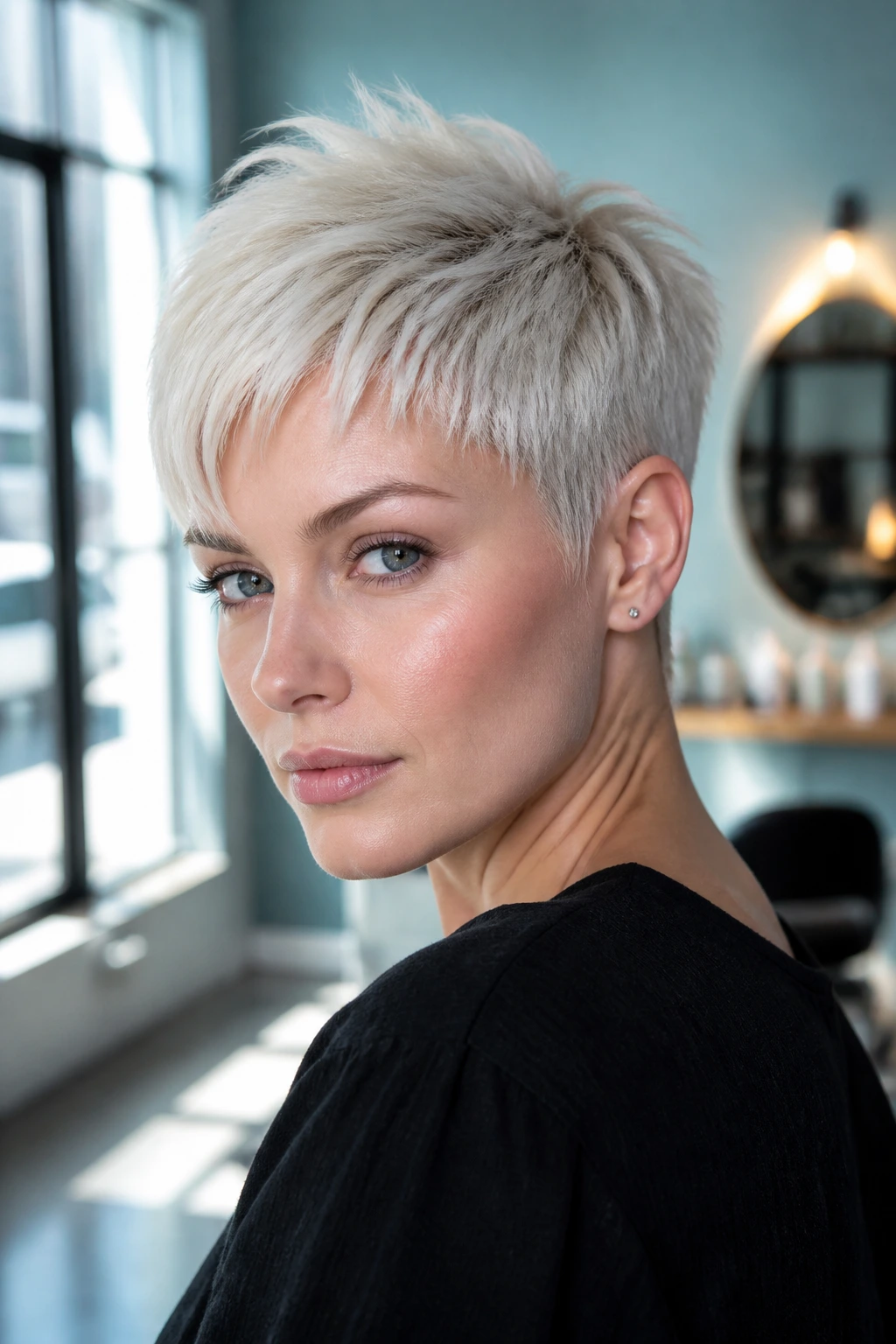 Portrait of a real person with icy platinum pixie in cool lighting