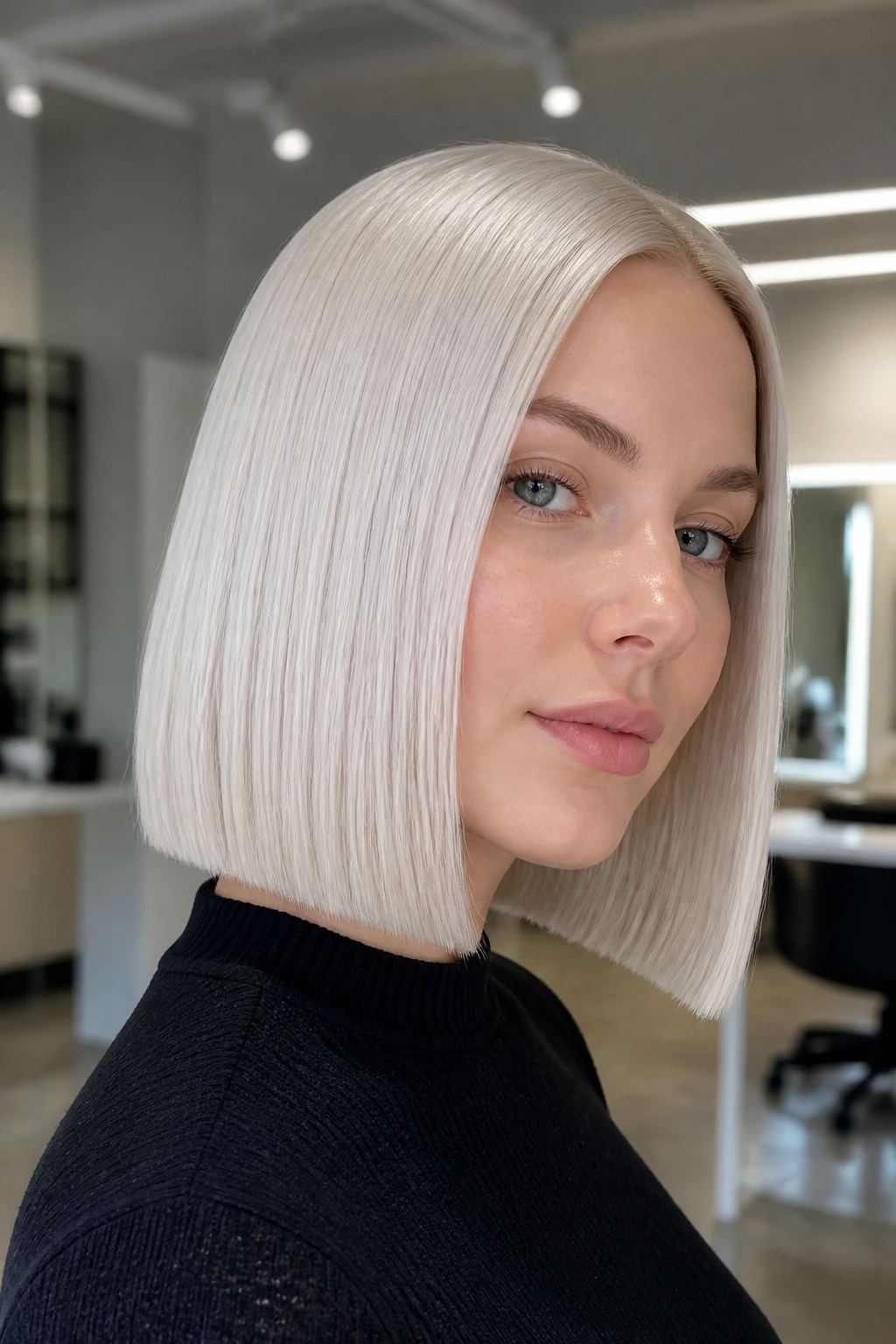 Portrait of a woman with icy platinum blonde hair in a sleek bob under bright salon lighting
