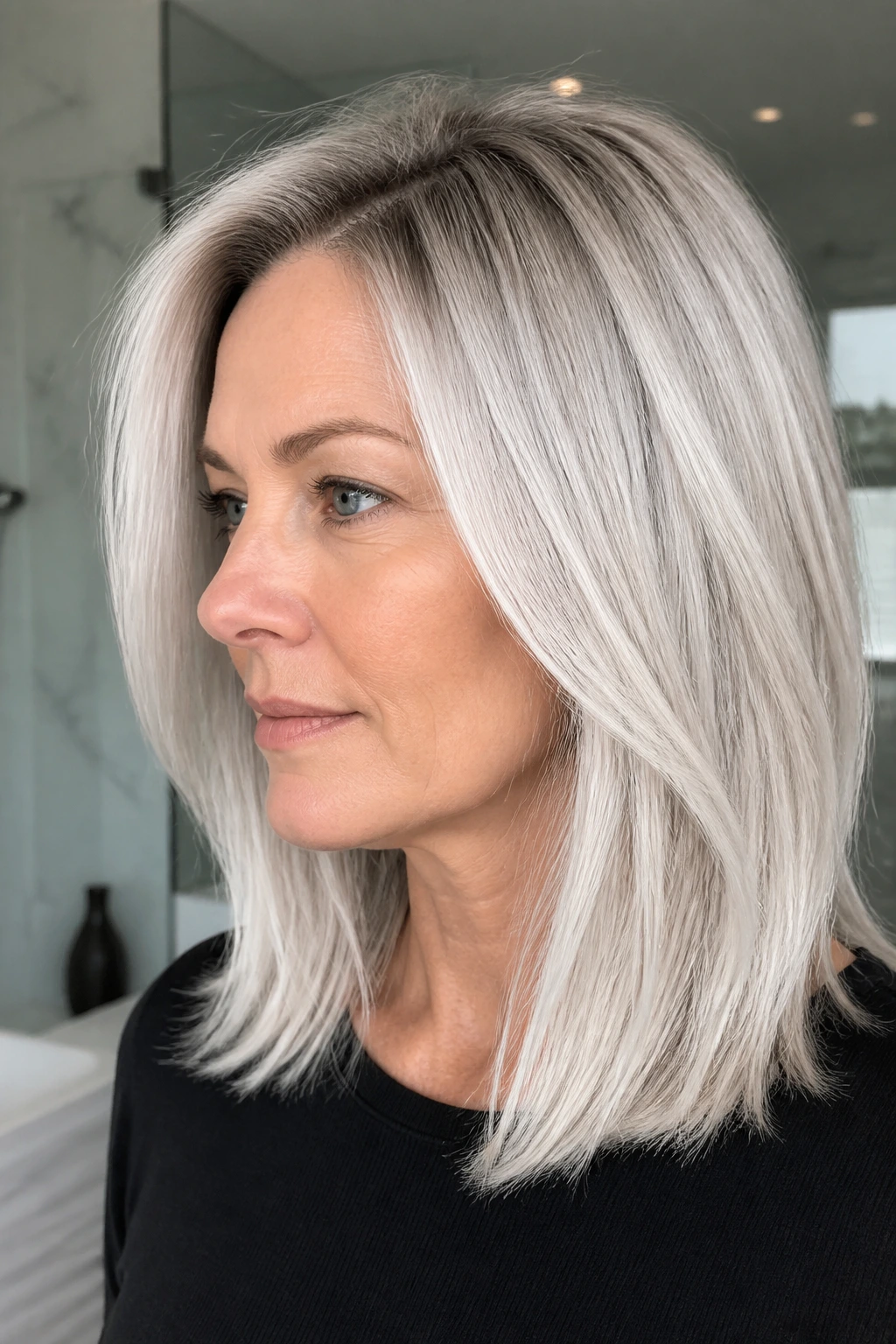 Portrait of a person with icy platinum silver hair and root shadow