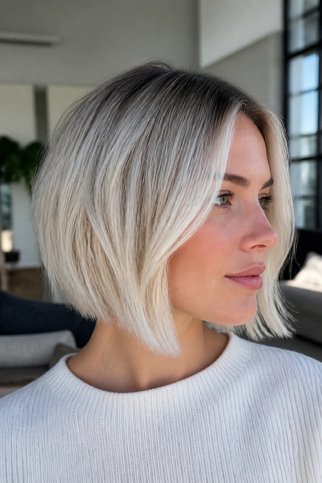 Icy platinum with smoked root close-up portrait on a real person