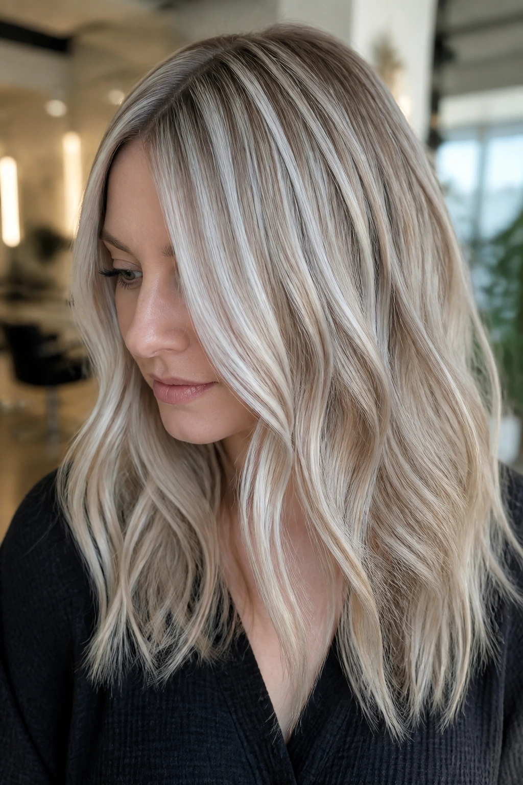 Close-up of icy ribbon panels on light blonde hair