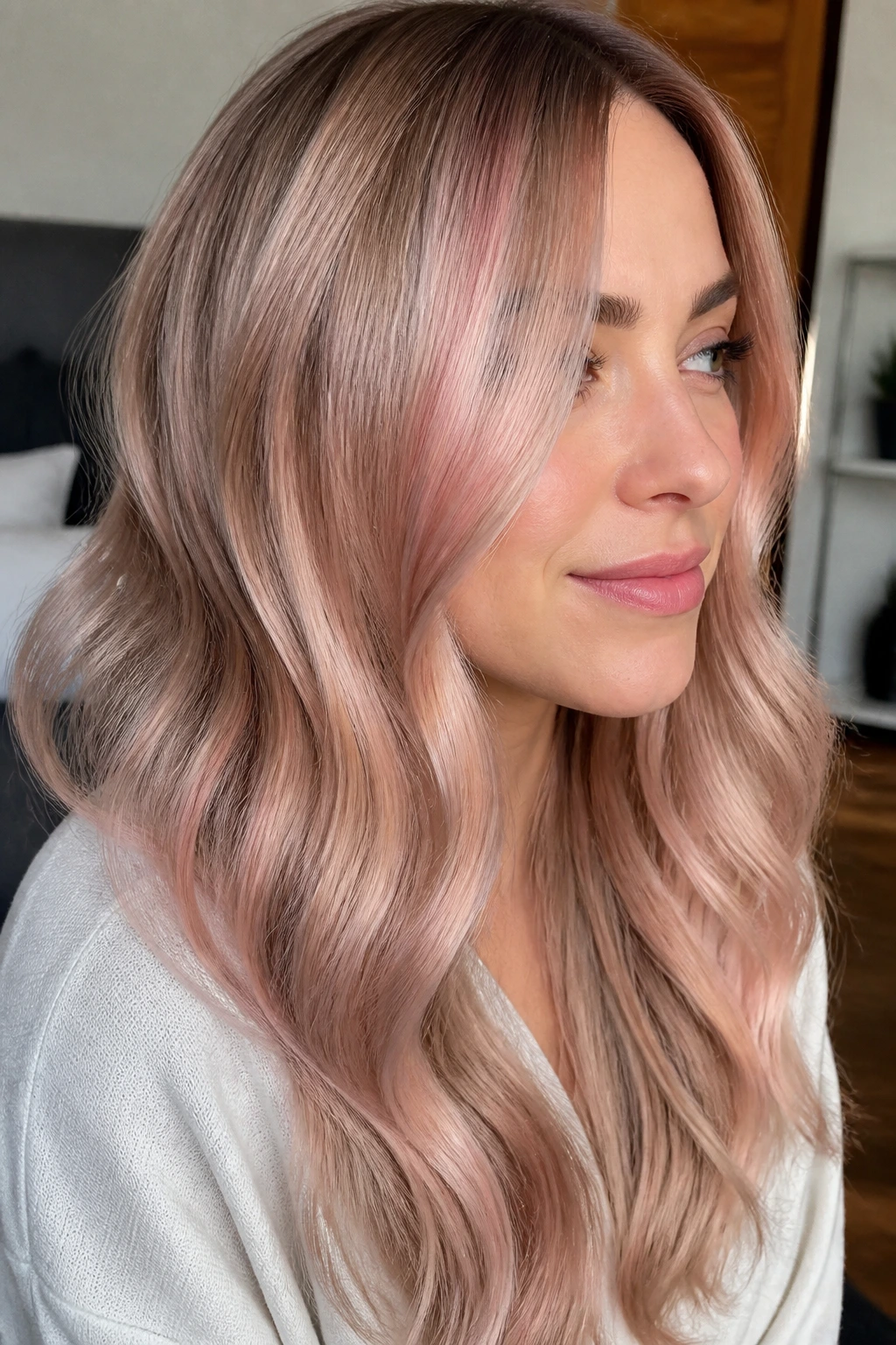 Real person with champagne blonde base and icy rose gold accents
