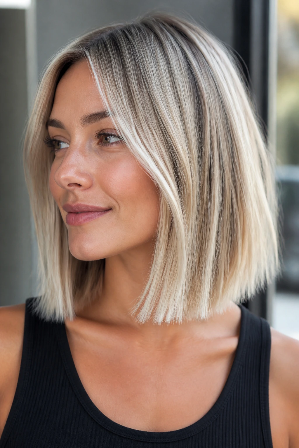 Portrait of a woman with icy sand blonde balayage on shoulder-length hair
