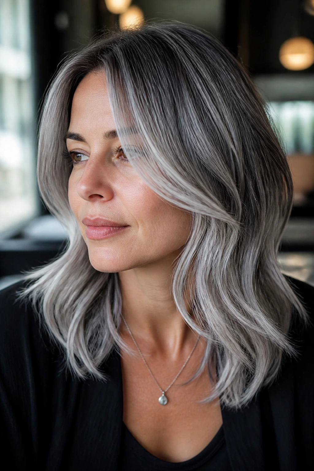 Portrait of a person with icy silver balayage on mid-length layered hair in natural light