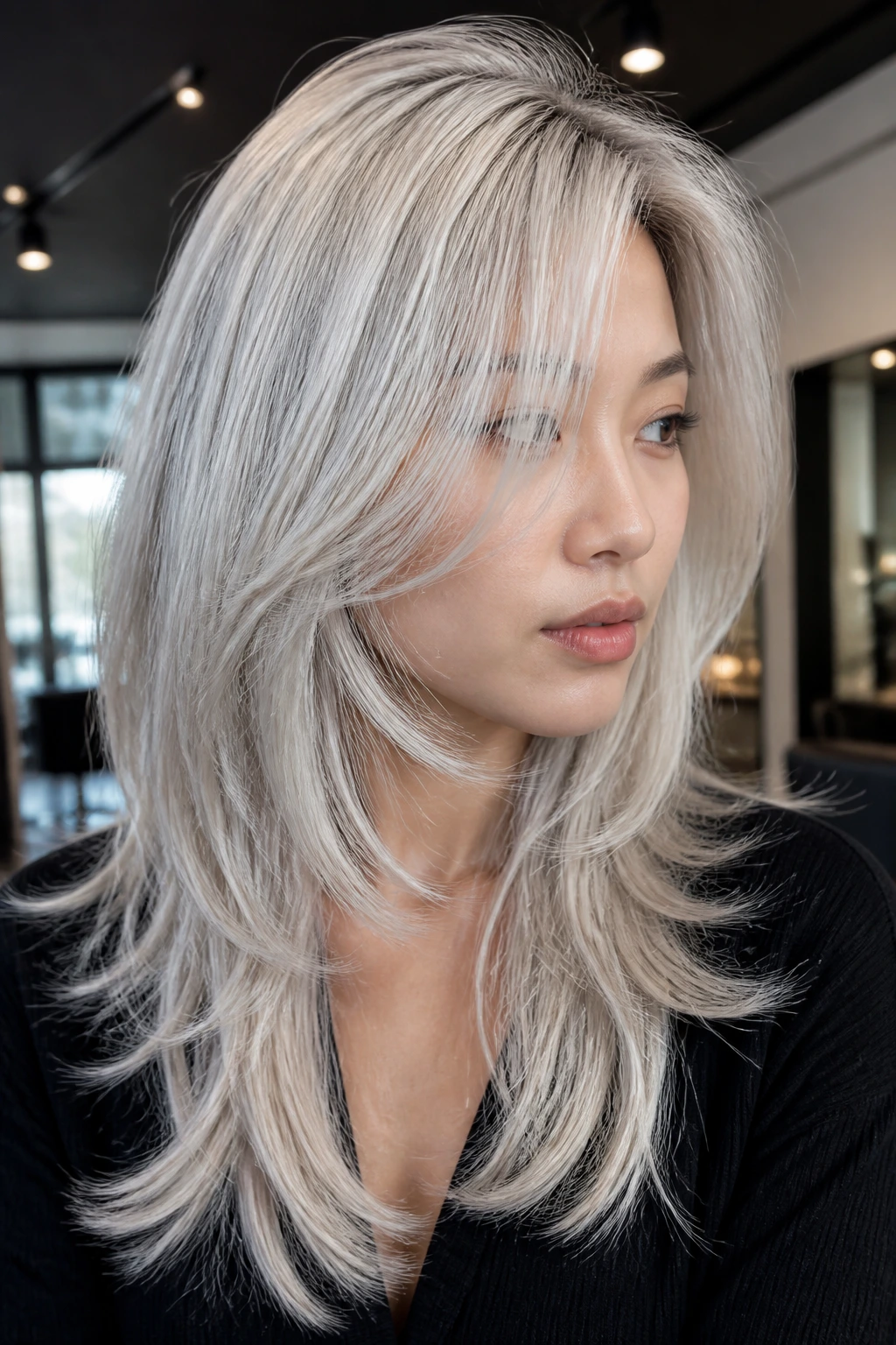 Close-up of layered icy silver-blonde hair on a real person