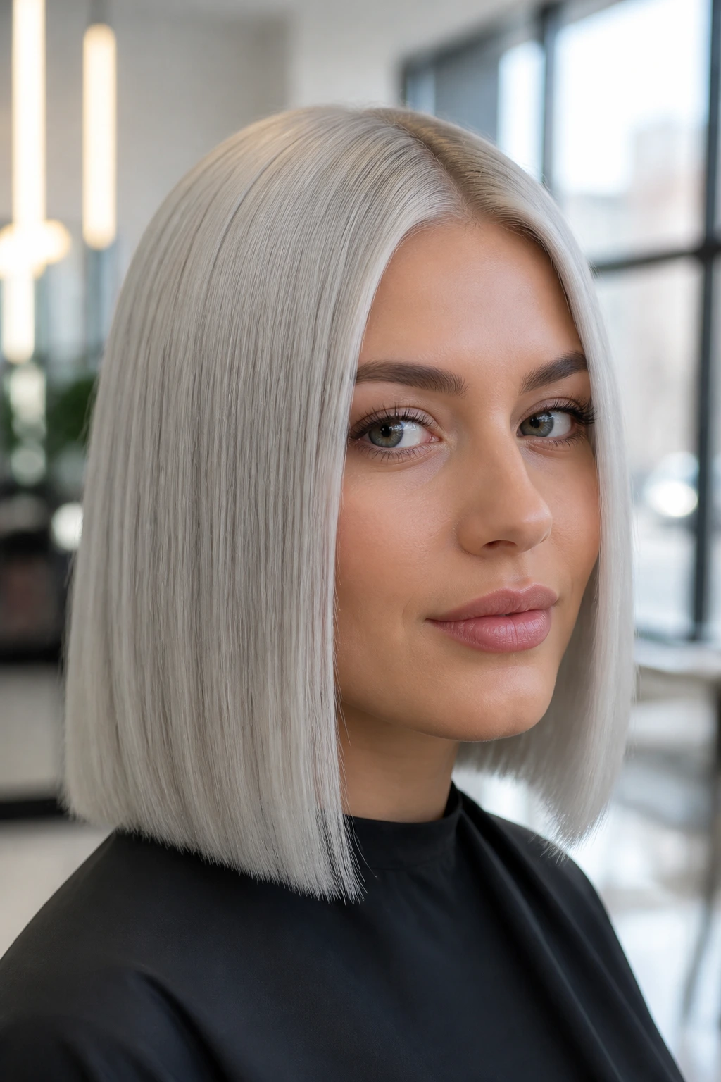 Close-up portrait of a real person with icy silver blonde straight hair and a blunt cut
