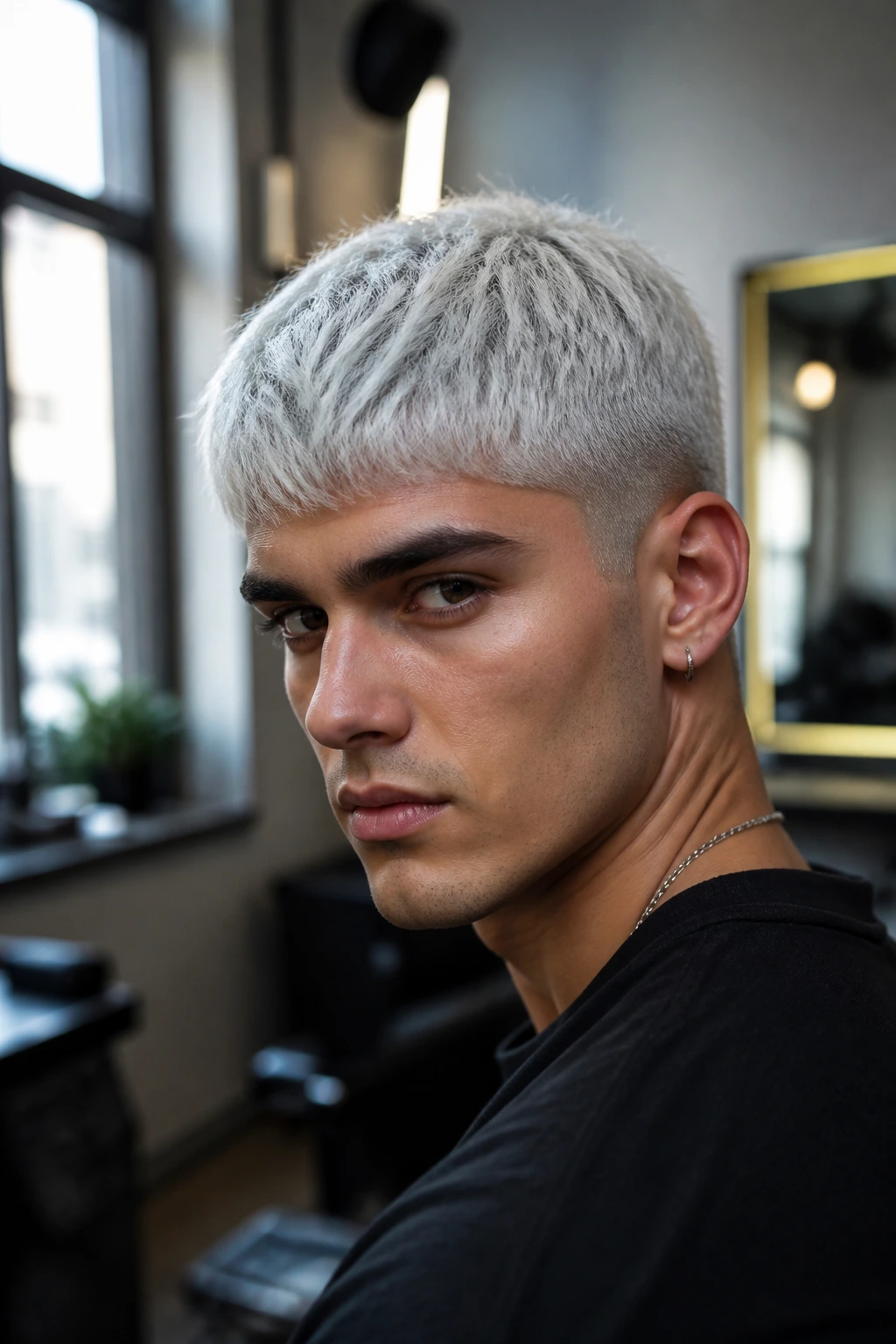 Man with icy silver crop hairstyle in a salon.