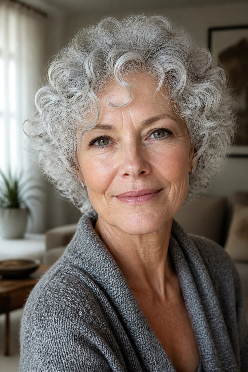 Close-up of a real woman with icy silver curls under natural window light