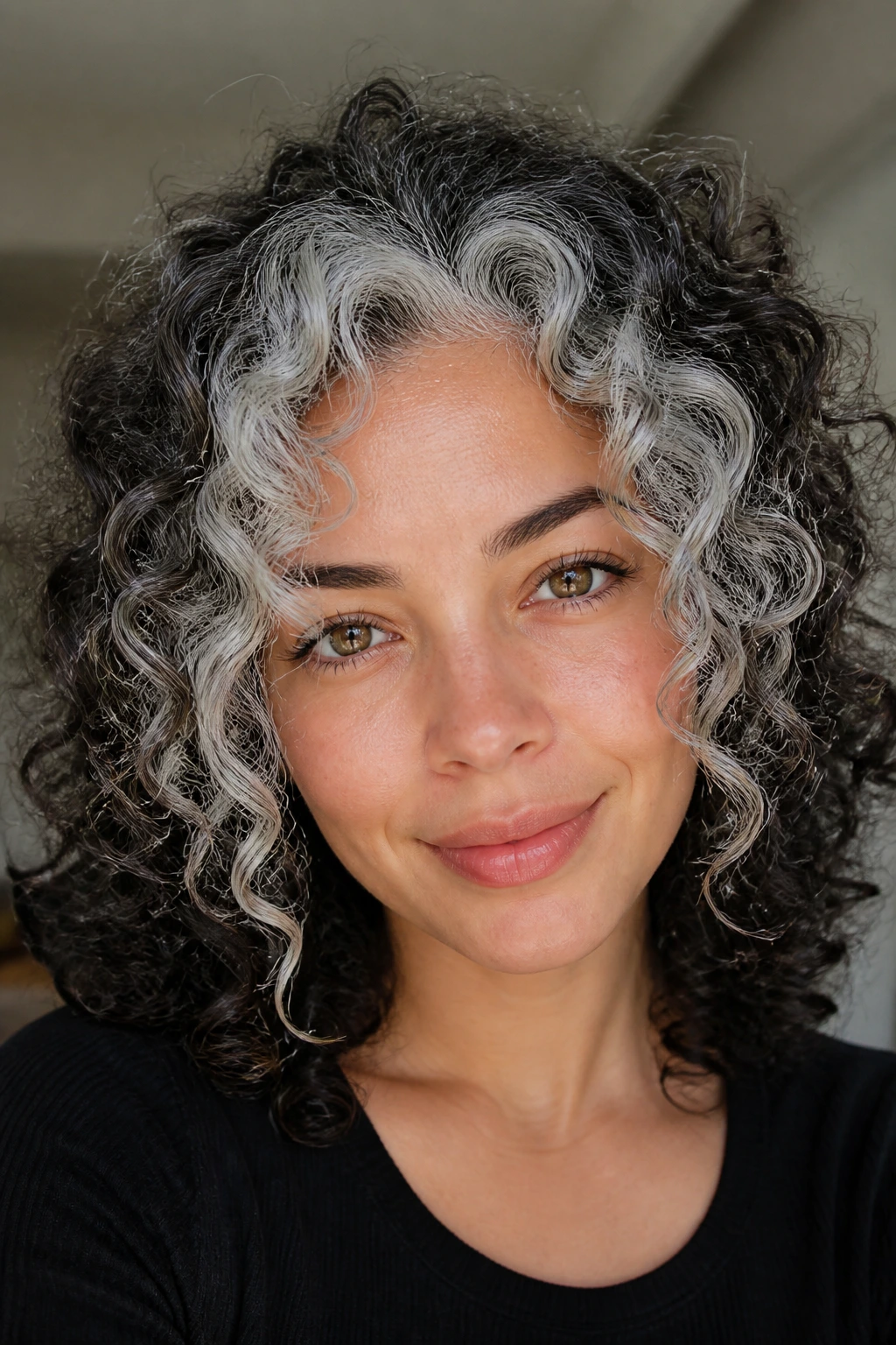 Close-up of a person with icy silver face-framing curls around the hairline