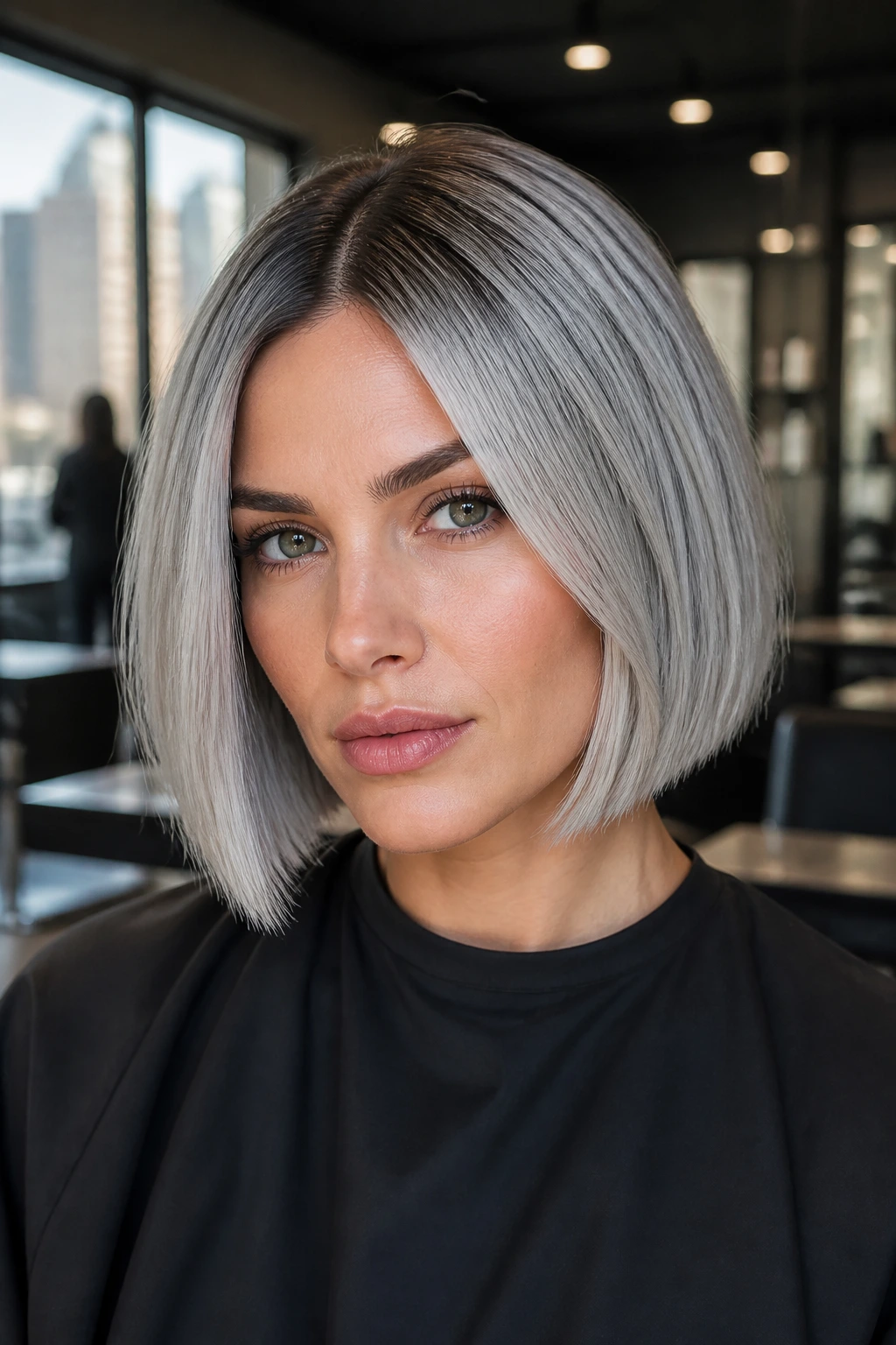 Close-up of a real person with an icy silver bob in a modern salon
