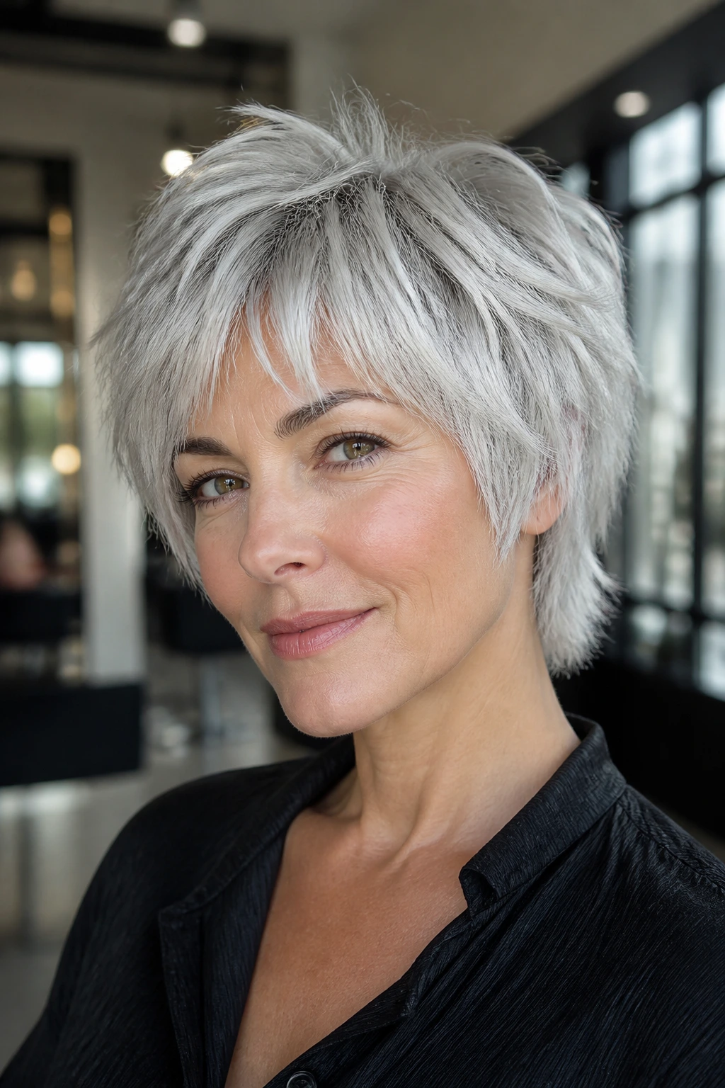 Close-up portrait of a real person with an icy silver shag haircut in a bright salon.
