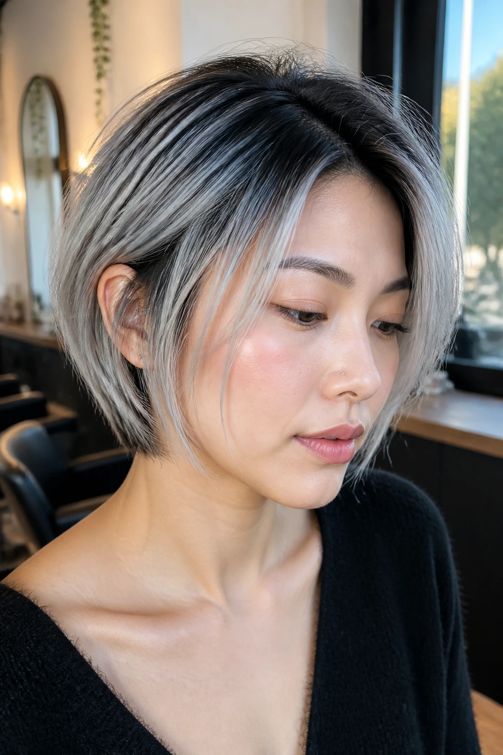 Portrait of a real Asian woman with icy silver threading and a dark root shadow on short hair