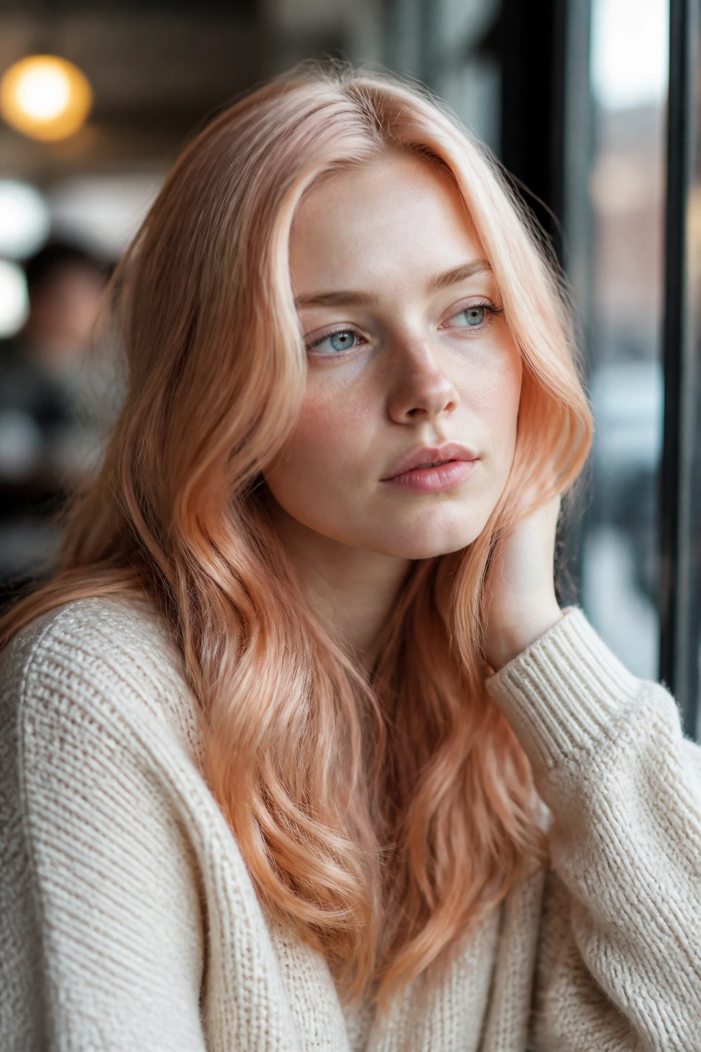 Portrait of a woman with icy strawberry blonde hair in natural light.