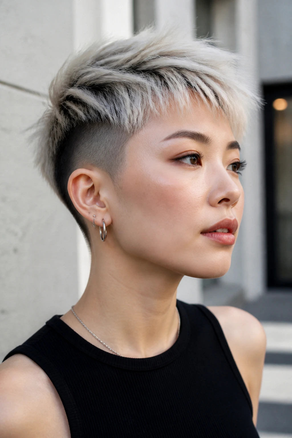 Portrait of Asian woman with icy undercut crop in urban street setting