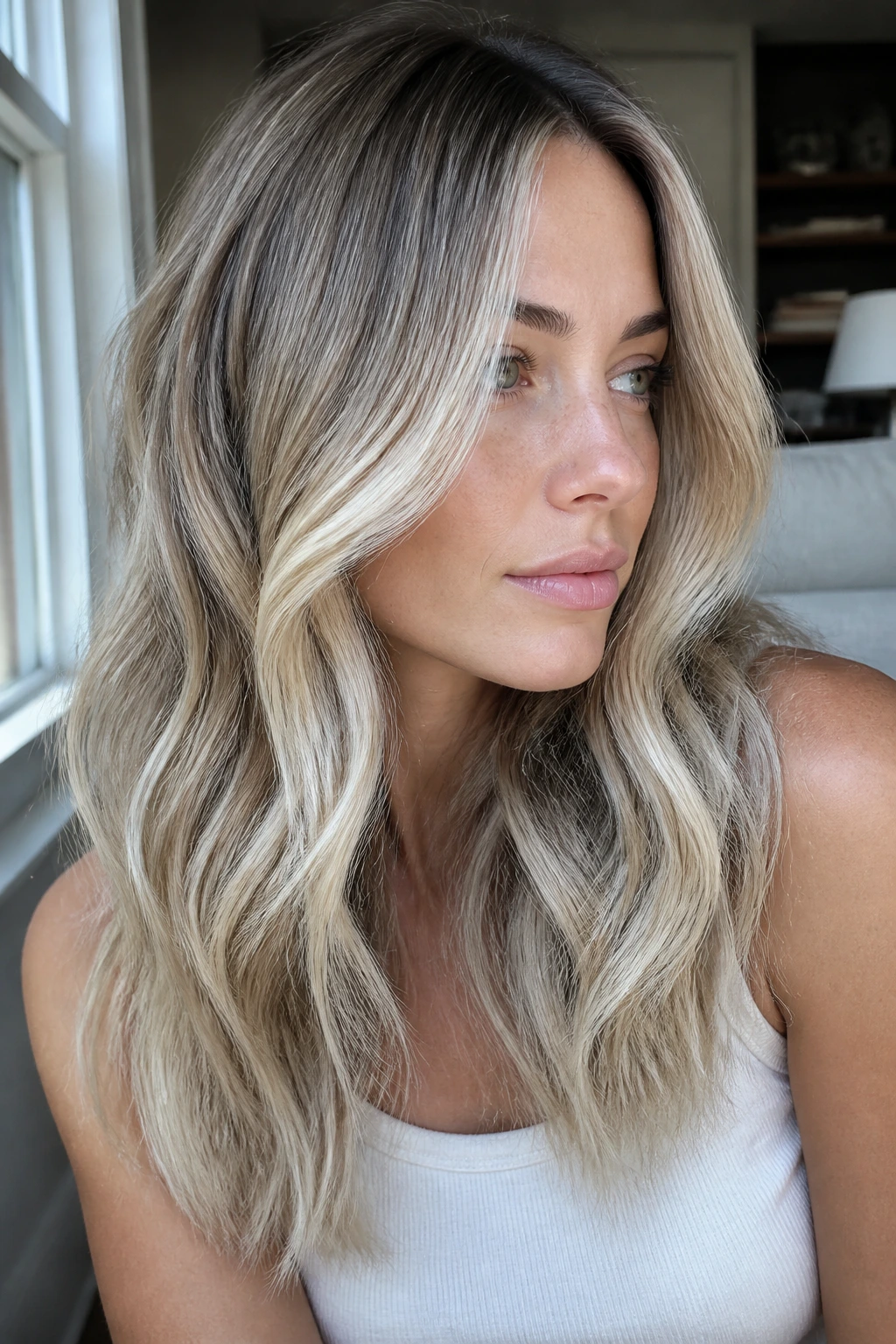 Close-up of a woman with icy vanilla balayage on dark blonde hair