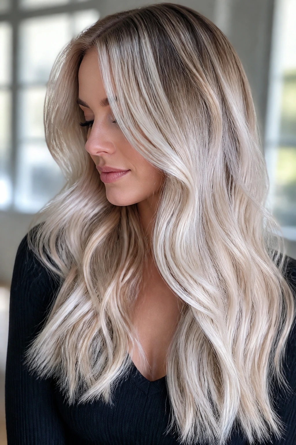 Icy vanilla balayage on long layered hair in a bright window-lit room