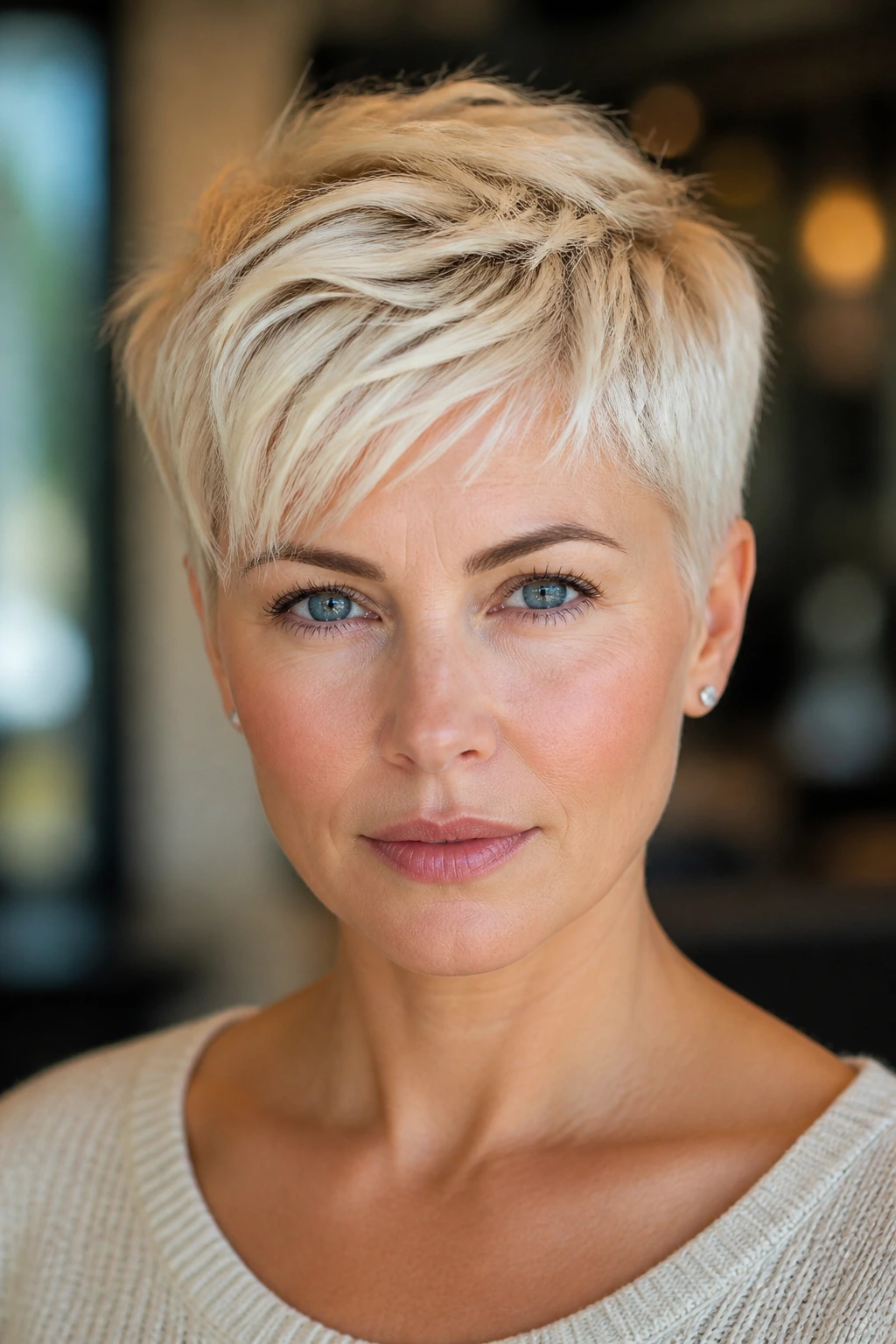 Portrait of a woman with an icy vanilla pixie cut in crisp cool blonde tones